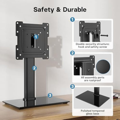 BONTEC Universal Swivel TV Stand for 17-43 inch Screens, Height Adjustable Table Top Pedestal TV Stand for LCD/LED/OLED/Plasma/Curved TVs up to 45kg, 2 Cable Ties Included
