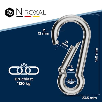 20 pieces 12-mm Stainless steel snap hook without thimble made of V4A robust shape without eye breaking load 2100 kg snap-on hooks fire brigade carabiner 316 12x140-mm