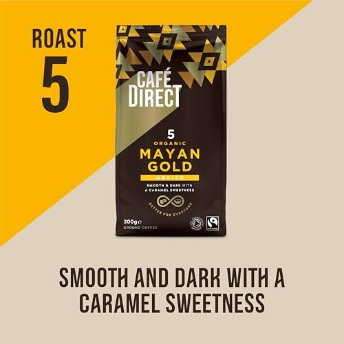 Cafedirect Mayan Gold Organic Ground Coffee – Smooth Dark Roast with Caramel Sweetness, Fairtrade Arabica from Mexico 200g (Pack of 6 - 1.2kg total)