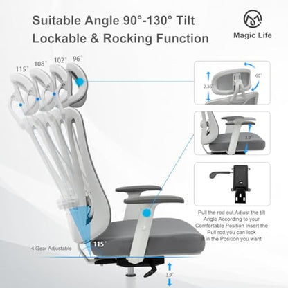Magic Life Ergonomic Office Chair, 4 Gear Adjustable Home Desk Chair,Adjustable Lumbar Support with Thickened Cushion,3D Headrest & Comfortable Armrest Computer Chair