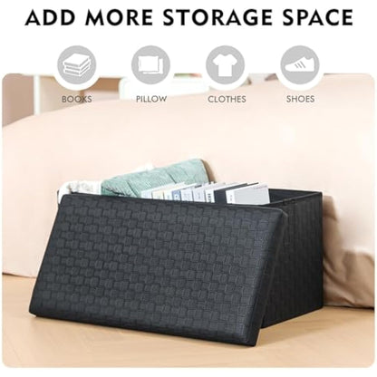 Bonlife Black Ottoman Storage Bench, Foldable Seat Faux Leather Foot Stool Storage Box with Lids for Kids Toys,Living Room, Hallway, Bedroom, 76 * 38 * 38cm