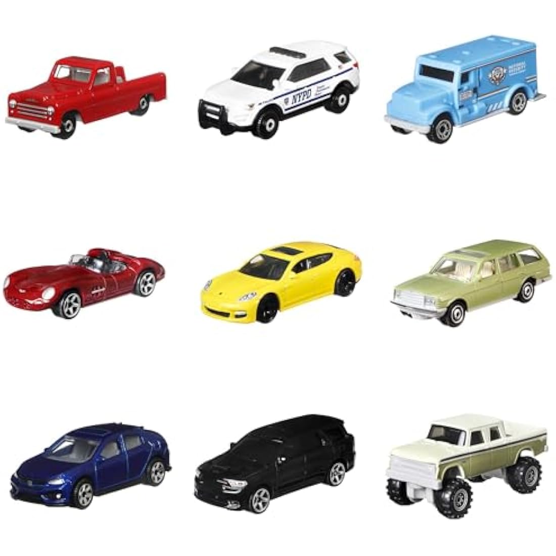 Matchbox 9-Pack Vehicles, Collection of 9 1:64 Scale Die-Cast Toy Cars Featuring Real-World Replicas of Recognizable Vehicles for Collectors and Kids 3 Years Old & Older, X7111