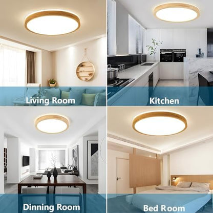 YYUTLUO LED Ceiling Light Wood, Top 360° Glow Round Natural Wooden Lamp | Dimmable with Remote Control 2700K-6500K, 48W | Living Room, Dining Room, Hallway, Home, Office, Children's Room(Ø60cm)