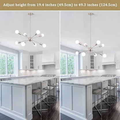 ASHUAQI Nickel Sputnik Ceiling Light, 8-Light Mid-Century Modern Chandelier, E27 Dimmable, 40 cm (L) x 16 cm (W) x 16 cm (H), Living Room, Dining Room, Bedroom, Hallway
