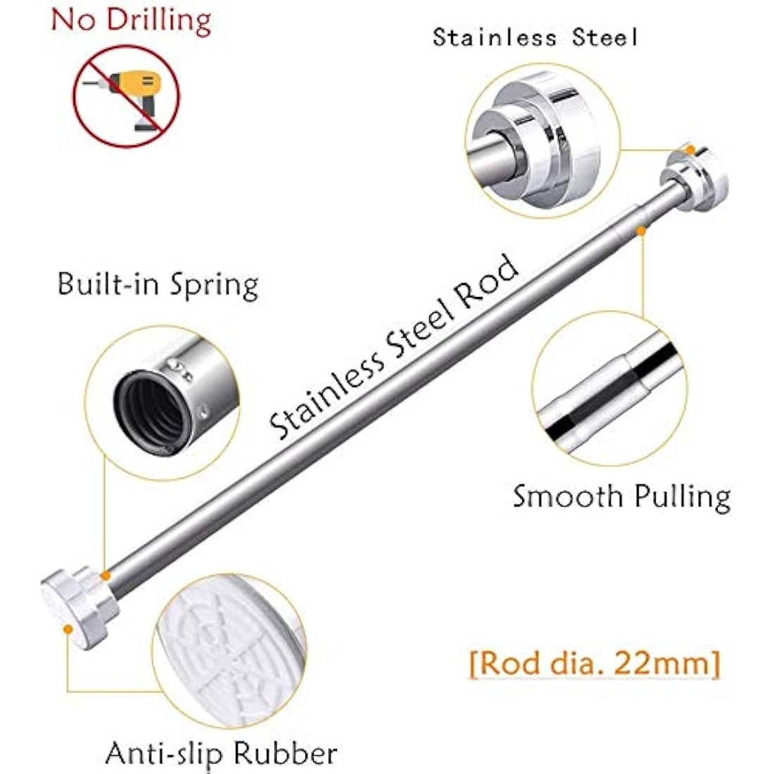 EC Breath Extendable Shower Curtain Poles 155-260cm Telescopic Tension Rod Rail Stainless Steel Bath Closet Hanging Pole
