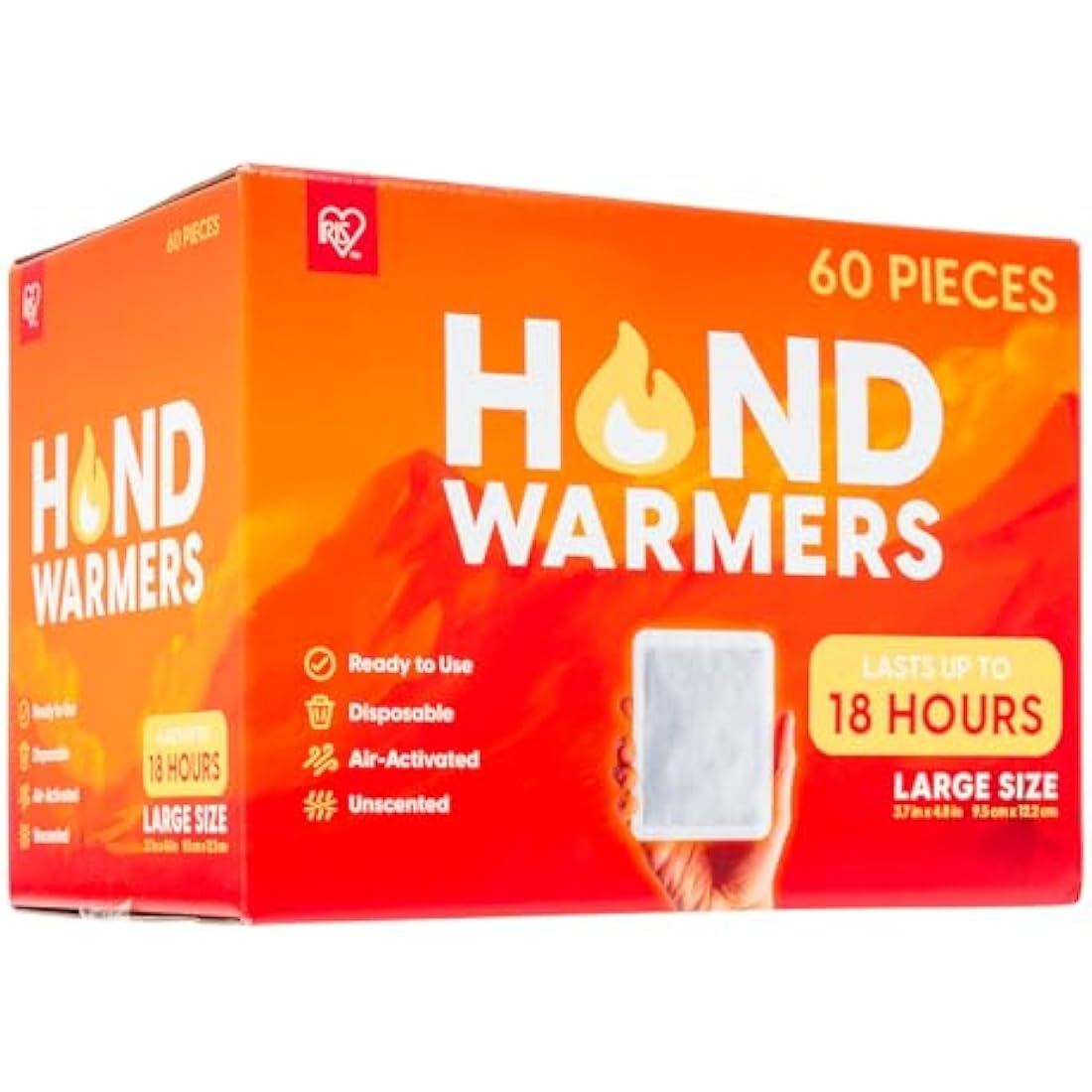 IRIS USA Hand Warmers – Large, 60 Individual Warmers, Long-Lasting Up to 18 Hours for Warm and hot Hands - On The Go, Disposable, 4-Year-Lasting Handwarmers for Hands and Feet, Winter Essentials