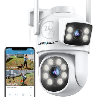 GENBOLT PTZ WiFi Security Camera Outdoor, CCTV Camera with Dual View, Dual lens Home Surveillance IP Camera with Color Night, Auto Tracking Humanoid Detection [DC&PoE]