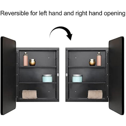 Fundin Plastic Mirror Cabinet, Beveled Edge Mirror Door with Round Corner Metal Frame, Recessed and Surface Mount, Black,40 X 61 CM