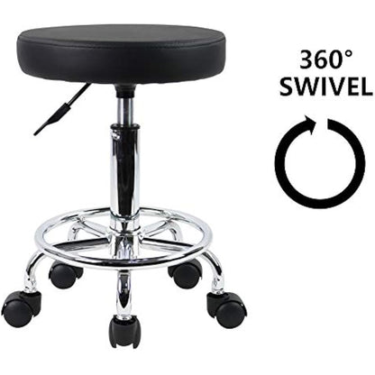 KKTONER PU Leather Round Rolling Stool with Foot Rest Swivel Height Adjustment Spa Drafting Salon Tattoo Work Office Massage Stools Task Chair Small (Black)
