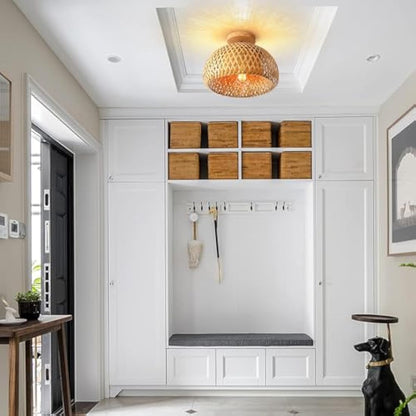 Schindora Bamboo Ceiling Light,Rattan Semi Flush Mount Ceiling Light Fixture,Handmade Boho Rattan Light Fixtures,Farmhouse Light Fixtures for Bedroom Nursery Hallway Corridor Passway
