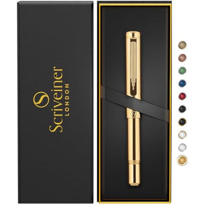Scriveiner Heavy Gold Rollerball Pen, Award Winning Luxury Pocket Pen with Real Gold Plating Plated Finish, German Schmidt Refill, Best EDC Writing Pen Gift Set for Men & Women, Nice Fancy Office Pen
