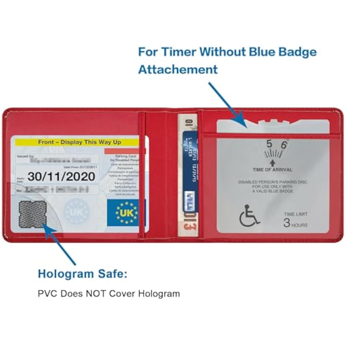 wisdompro PU Leather Disabled Blue Badge and Timer Holder, Blue Badge Holder, Disabled Badge Holder Wallet for Car Disability Parking Badge Cover Holder Hologram Safe - Red