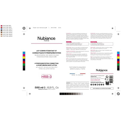 NUBIANCE - Lait Corps Unifiant & Hydratant HRB-3, 500ml - Soin protecteur et Anti-Tache d'hyperpigmentation - Peaux Sèches, Mixtes et Grasse - Peau Hydratée & Souple