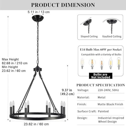 ASHUAQI Wagon Wheel Chandelier, 8-Light Black Chandelier Ceiling Lights Living Room, Rustic Modern Farmhouse Chandeliers Ceiling Light for Dining Room, Kitchen, Hallway, Bedroom, Hall