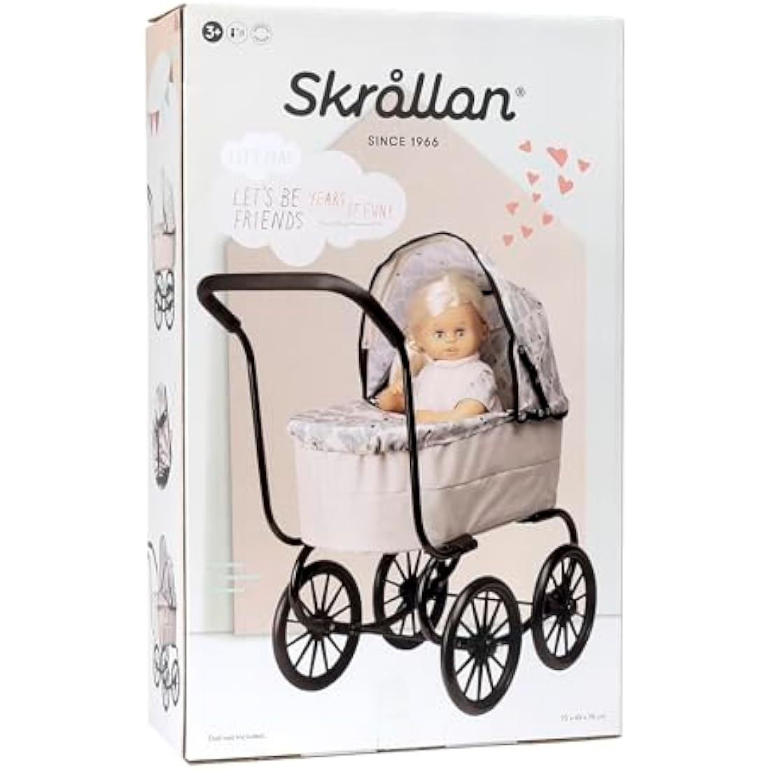 Skrållan Classic Dolls Pram – Sturdy Toddler Toy Stroller, Go for a Safe Walk, Nostalgic Baby Doll Pram, Toy Prams, Baby Doll Accessories, Lovely Swedish Design, Dolls Accessories for 3 Year Old