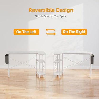 BEXEVUE L Shaped Corner Desk - 120x70 cm Study Office Gaming Desk, Computer Desk Small Writing Table, Large Reversible Storage Shelves, Bookshelf