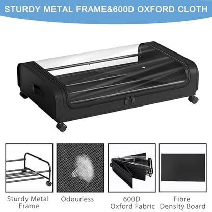 2 Pack Under Bed Storage with Wheels Lid 48L Rolling Metal Frame Underbed Containers Clear Window Storage Bag Box Organization Home Bedroom Organizer Drawer Bin for Clothes Shoes Toys Blankets Black