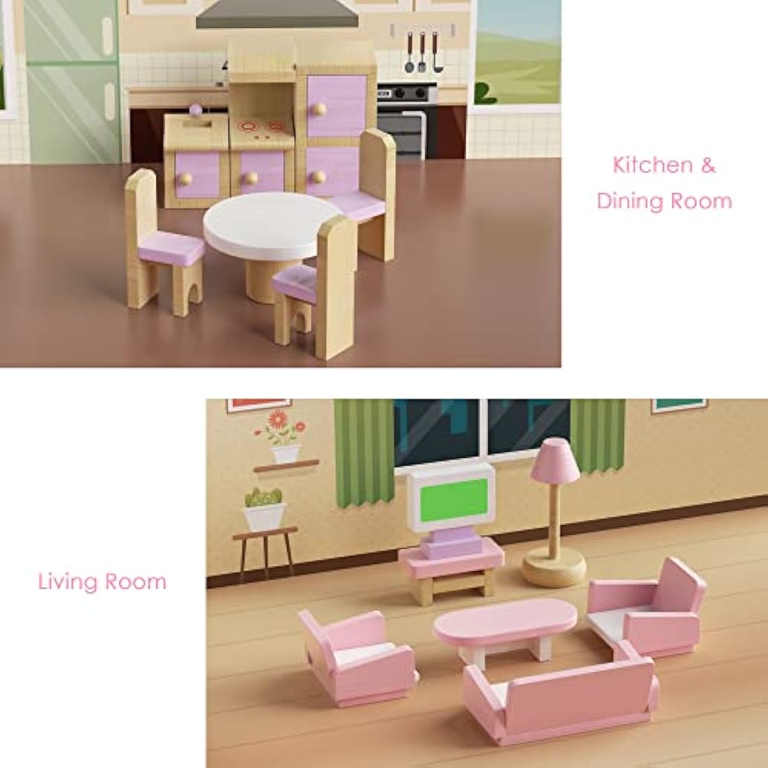 Lawcephun Wooden Dollhouse Furniture Set, 5 Room Kit 22 Piece Miniature Wood Accessories, Including Kitchen, Dining Room, Living Bedroom, Bathroom Playhouse Family Figures Play Toy, Pink (WT06)