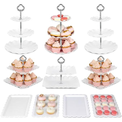 Pack of 10 NWK Cake Stand, Cupcake Stand, with 3 x Two-Tier Cupcake Stands, 3 x Three-Tier Cupcake Stands, 4 x Appetizer Trays, for Birthday Baby Bridal Shower Party (Silver)