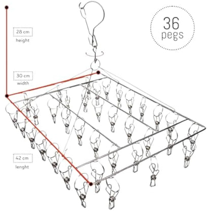 BARGAIN FACTORY Metal Sock Hanger, Stainless Steel Heavy Duty Drying Rack with 36pcs Pegs and Swivel Hook, Windproof Laundry Metal Square Hanger for Socks, Underwear and Small Items.