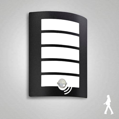 Wondlumi Outdoor Wall Lights Mains Powered PIR Motion Sensor Outside Wall Light Black IP44 Waterproof for Front Door, Porch, Incl. 12W E27 Bulbs Cool White 6000K