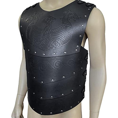 HiiFeuer Viking Faux Leather Embossed Langskip Chest Armor, Retro Medieval Knight Leather Armor for LARP/Cosplay (Black B)