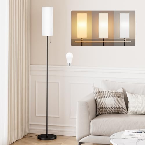 Aooshine White Floor Lamp for Living Room with 3 Color Temperatures Bulb, 64" Standing Lamps with Linen Lampshade for Bedroom, Minimalist Pole Lamp, White Shade & Black Pole(Bulb Included)