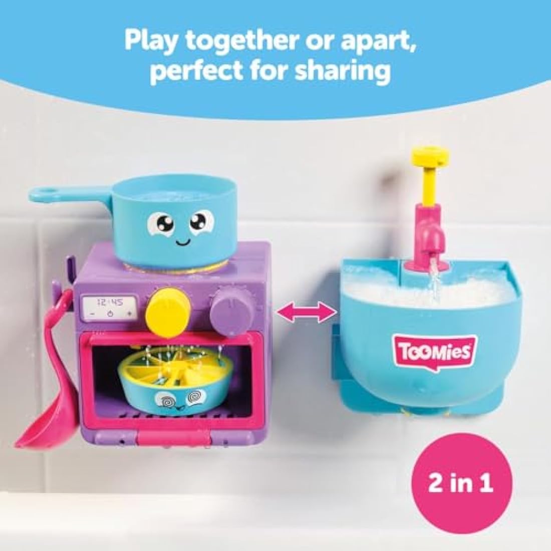 Toomies E73264 Bubble & Bake Bathtime, Bath Toddlers, Kitchen Themed Bubble Making Toy, 2 in 1 Set, Kids Water Play Suitable for 18 M & 2 3 & 4 Year Old Boys & Girls, Multicoloured, 21 X 28 X 15 cm
