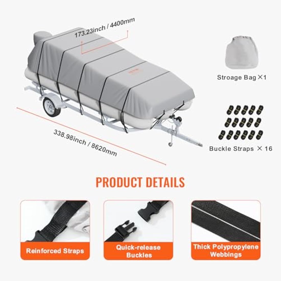VEVOR Pontoon Boat Cover, 23'-24' Waterproof Trailerable Pontoon Cover, 800D Marine Grade PU Oxford Fabric, with Motor Cover, 16 Windproof Buckle Straps, Fits for 23'-24'L, Beam Width to 102", Grey