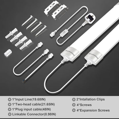 BERIXDEEP 2ft LED Batten Light 6500K Daylight, Linkable Plug in Strip Light for Garage, Workshop, Office, Wall, Kitchen, Shed, Waterproof Plug in Garage Lighting, 2FT, 60cm, 18W