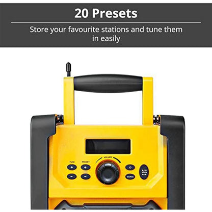 Ex-Pro Job Site FM Radio with Bluetooth, IPX5 Water Resistant Portable Heavy Duty Speaker with AUX In, 20 Presets & Carry Handle, Battery or Mains Powered - Yellow