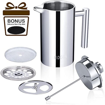 MOGGA Cafetiere 34oz/1000ml Coffee Maker Double Walled Insulated French Press with Silver Color and Large Capacity Stainless Steel Coffee Pot Easy to Use and Clean in Home Office and Camping