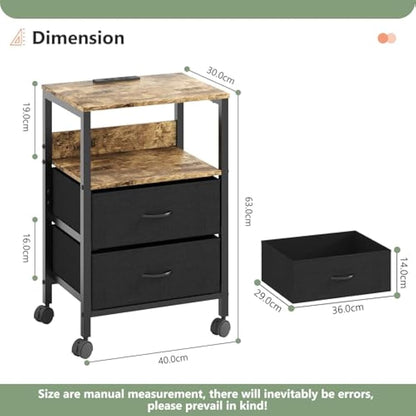 Lutown-Teen Bedside Table with Charging Station, Night Stand Small Bedside Cabinet with Open Storage Shelf and 2 Fabric Drawers, Side Table with 4 Castors for Bedroom, Living Room, Rustic Brown