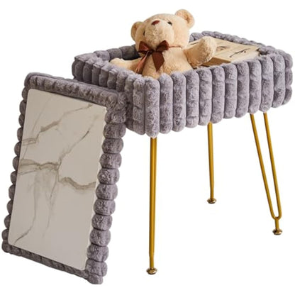 IBUYKE Rectangle Vanity Chair with Storage Space, Footrest Footstool Ottoman, Vanity Stool, Dressing Table Chair, with Anti-Slip Feet, for Makeup Room, Bedroom, Square grid pattern, Grey WBD004G