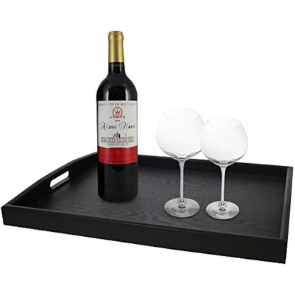 Wooden Serving Tray Large Black Wood Rectangle Food Breakfast Tray With Handles (Large)