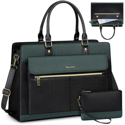 RAINSMORE Laptop Bags Handbags for Women 15.6 Inch PU Leather Large Tote Bag Work Bag with Clutch Bag Designer Women's Bags Ladies Laptop Handbag for School Green