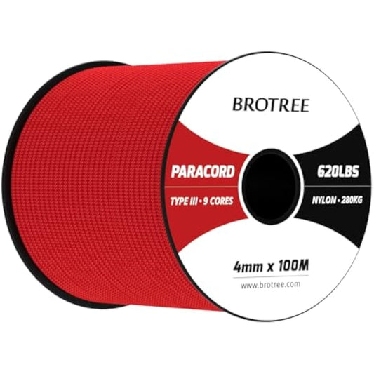 Brotree Paracord 4mm 100M 9 Strands 100% Nylon Rope Type 3 Parachute Cord for Outdoor, Bracelet, DIY - 280kg Breaking Load (Red)