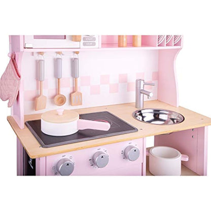 New Classic Toys 11067 Wooden Pretend Toy Kitchen for 3Y+, for Kids Included Accessoires-Comes with Electric Cooking Plate-Makes Sound, Pink