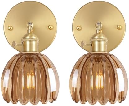 Shenmoyl Vintage Wall Lights Set of 2 Wall Lamps Indoor Gold Wall Sconces 180 Degree Adjustable with Switch for Living Room Bedroom Bedside Bathroom Tulip Amber