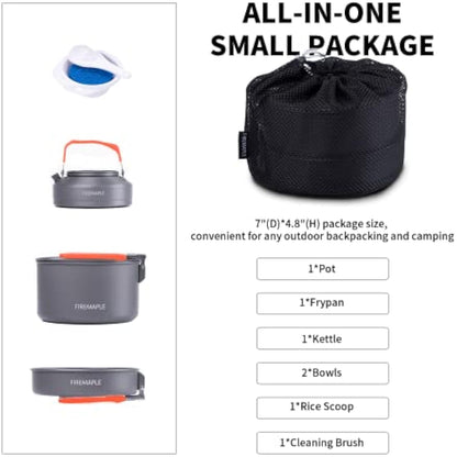 Fire-Maple Feast 2 Camping Cookware Set | Outdoor Cooking kit with Pot Kettle Pan Bowls and Spatula | Kitchen Utensils for 1 to 3 People Backpacking Trekking Hiking Fishing Picnic