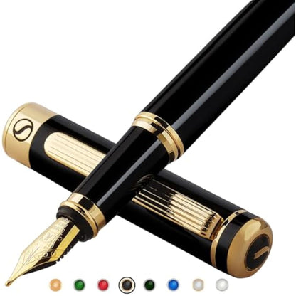 Scriveiner Black Lacquer Fountain Pen - Stunning Luxury Pen, Real Gold Plating, Schmidt Gilded Nib (Medium), Best Pen Gift Set for Men & Women, Professional, Executive, Office, Nice Pens