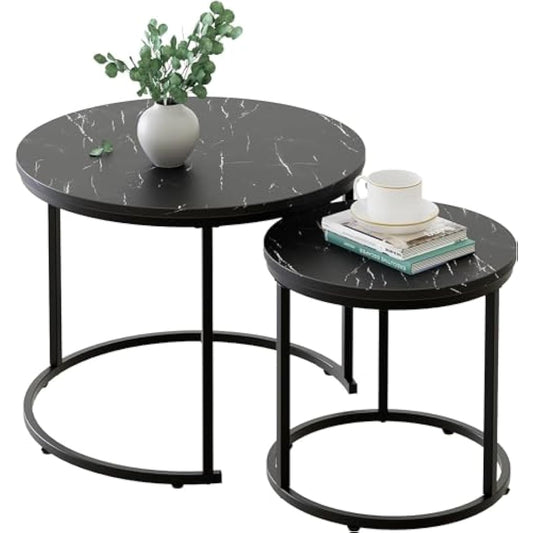 Huhote Round Coffee Tables, Set of 2 End Table, Nesting Tables, Side Table with Metal Frame for Living Room/Bedroom/Balcony/Office/Apartment, Diameter 23.6/15.7 IN (Black Frame, Black Marble Top)