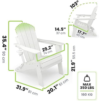Sleek Space Adirondack Folding Chair for Garden, Patio or Deck - Arm Rests and Cup Holder - Lightweight, Weatherproof - Stylish, Durable Outdoor Furniture for Fire Pit, Beach, Poolside, Porch (White)