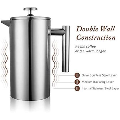MaxMiuly Cafetiere Stainless Steel French Press Large Insulated Coffee Press, Double Wall Coffee & Tea Maker, 1.5L / 50 OZ-Bonus with Two Coffee Filter Screens(1500ml Silver)