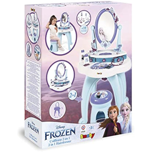 Smoby Disney, Frozen 2 in 1 Hairdressing Table, 10 accessories: 1 stool, 2 flasks, 1 necklace, 1 plastic headband, 3 rings, 1 bracelet, 1 hair clip, 1 comb, Purple, One Size (7600320244)