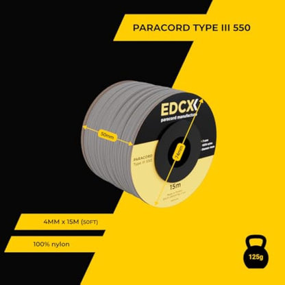 EdcX 4mm Rope 550 - Type III, 100% Rope, 7 Strand Rope, 4mm Rope in Solid Colors