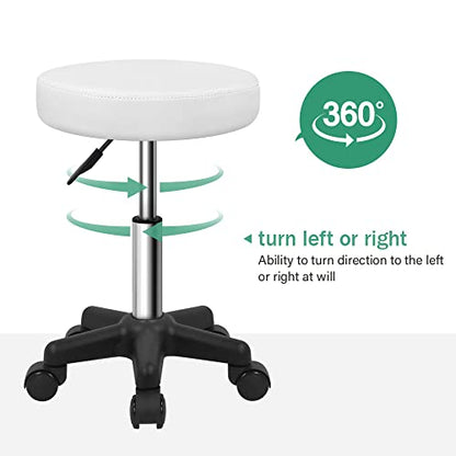FURWOO Round Rolling Stool with Wheels Height Adjustable Stool Spa Stool for Salon Massage Home Kitchen White