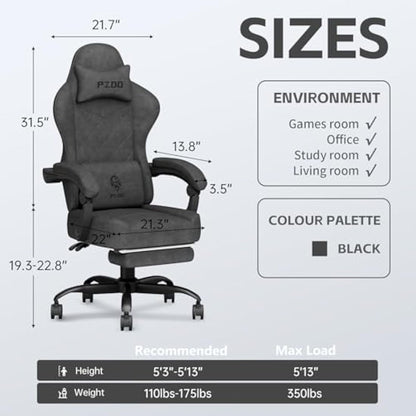 PZDO Gaming Chair, Gaming Chairs for Adults, Ergonomic Computer Chair with Footrest, Reclining Pc Gamer Chairs with Headrest and Lumbar Support, Technical Fabric, Black, 350LBS