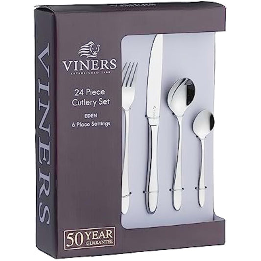 Viners Eden 24 Piece Elegant Mirror Polished Stainless Steel Flatware Gift Box, Silver
