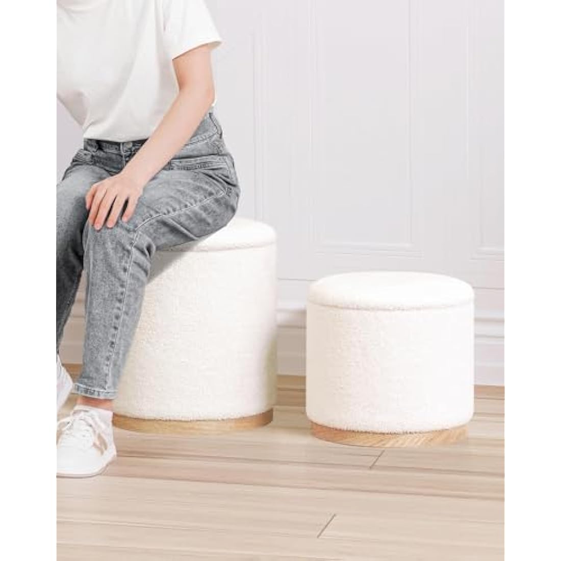 Bonlife Round White Ottoman with Storage Set of 2,Makeup Vanity Stool Chair,Ottoman Coffee Table for Living Room,Bedroom,Dining Room,39x39x44cm
